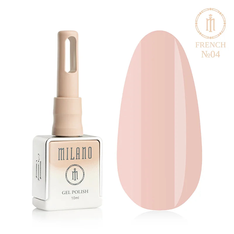 "Milano French Gel Polish No. 04: бутилка от 10 мл с бежов градиент и демонстрация на мек прасковено-бежов нюанс върху голяма палитра от капки, осигуряваща естествено камуфлажно покритие с топъл подтон за изискан маникюр."