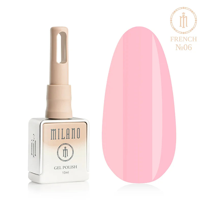 "Milano French Gel Polish No. 06: бутилка от 10 мл с бежов градиент и демонстрация на ярък пастелно розов нюанс върху голяма палитра от капки, осигуряваща плътно полупрозрачно покритие за създаване на женствен и свеж френски маникюр."