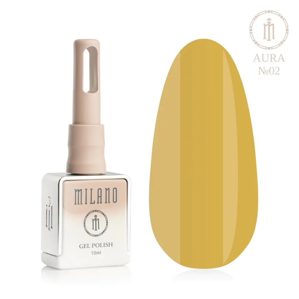Представяне на гел лак Milano Gel Polish Aura No. 02: отляво е брандираният квадратен флакон от 10 мл в нежно лилав градиентен дизайн, а отдясно е голям овален макет на върха, който демонстрира деликатен ментовозелен пастелен нюанс на покритието с деликатен ефект на вътрешно сияние, върху чисто бял фон.