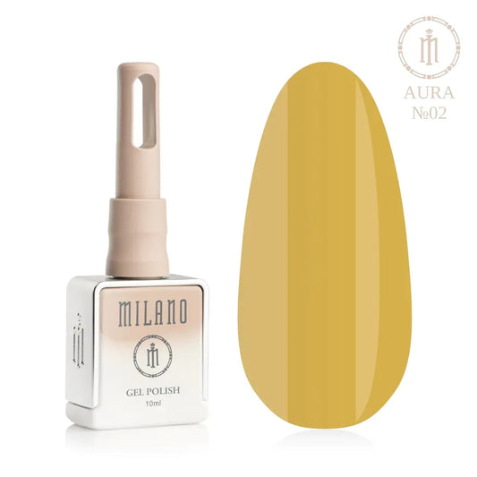Представяне на гел лак Milano Gel Polish Aura No. 02: отляво е брандираният квадратен флакон от 10 мл в нежно лилав градиентен дизайн, а отдясно е голям овален макет на върха, който демонстрира деликатен ментовозелен пастелен нюанс на покритието с деликатен ефект на вътрешно сияние, върху чисто бял фон.