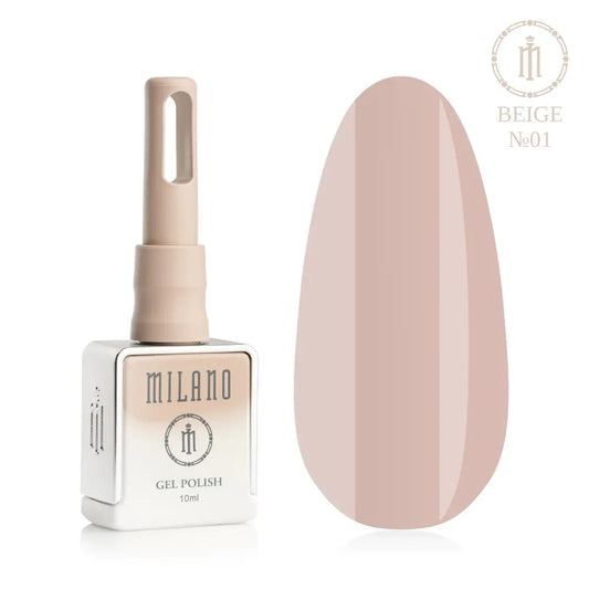 Представяне на гел лак Milano Gel Polish Beige Premium No. 01: отляво е брандираната квадратна бутилка от 10 мл в мек лилав градиентен дизайн с кръгло лого, а отдясно е голям овален макет на върха, който демонстрира много светъл пастелен кремообразен бежов нюанс или цвят слонова кост, на чисто бял фон.
