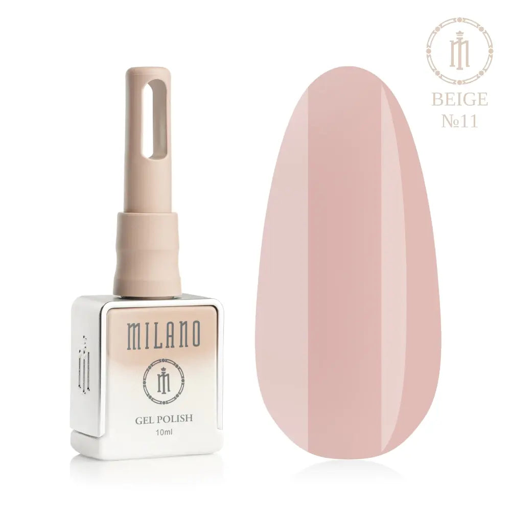 Представяне на гел лак Milano Gel Polish Beige Premium No. 11: отляво е брандираният квадратен флакон от 10 мл в нежно лилав градиентен дизайн с кръгло лого, а отдясно е голям овален макет на върха, който демонстрира дълбок пастелен нюанс на какао с мокра пяна или изтънчения цвят на мек млечен шоколад, върху чисто бял фон.