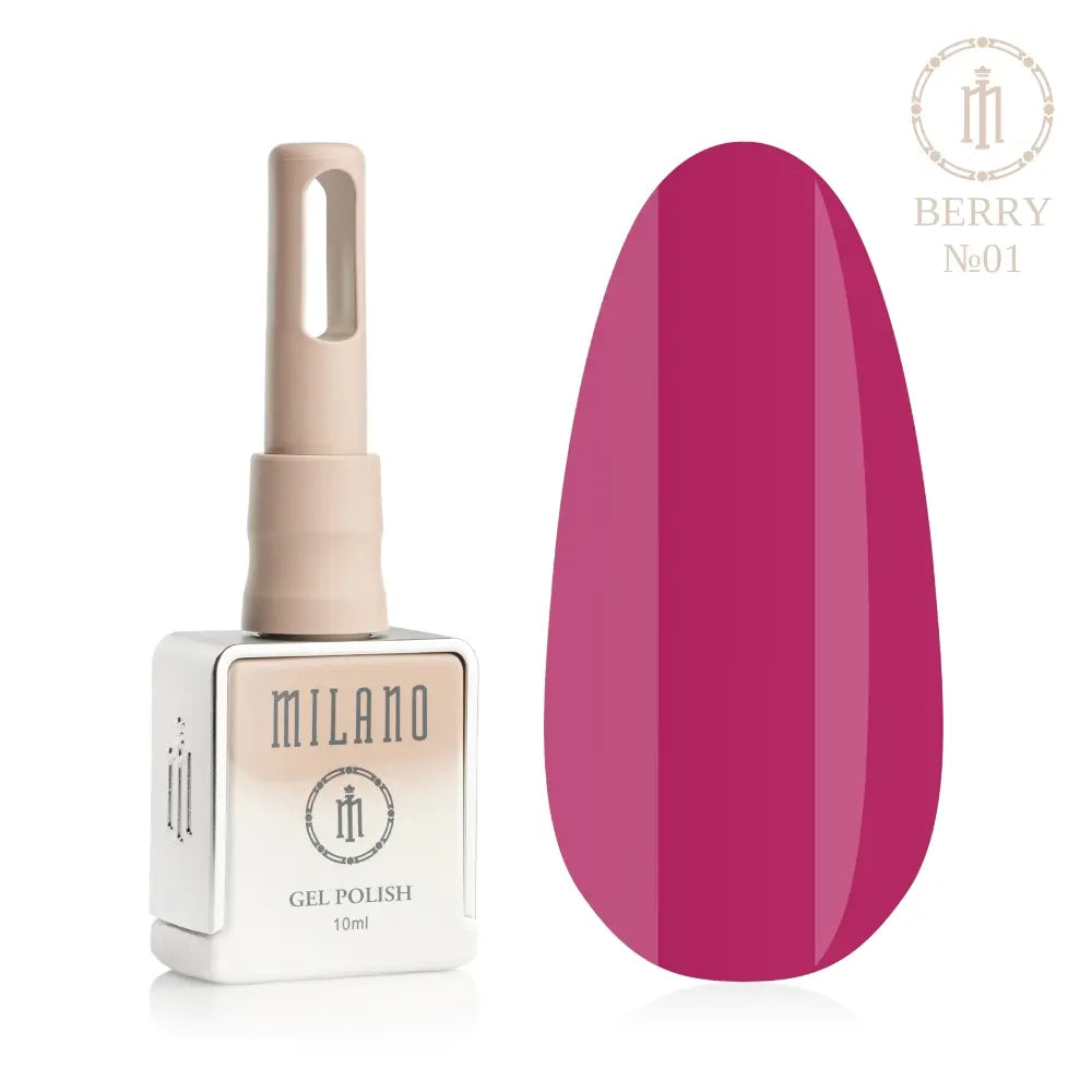 „Представяне на Milano Gel Polish Berry Premium #01: отляво е подписана квадратна бутилка от 10 ml в мек гол градиентен дизайн с кръгло лого, а отдясно е голям овален макет на върха, показващ сочна малина, ярка ягода или апетитен нюанс на летни горски плодове, върху чист бял фон“