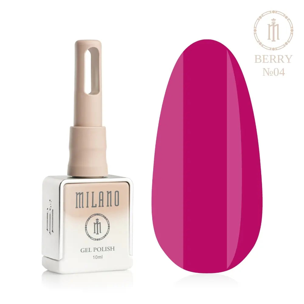 „Представяне на Milano Gel Polish Berry Premium No.04: отляво е характерна квадратна бутилка от 10 ml в мек гол градиентен дизайн с кръгло лого, а отдясно е голям овален макет на върха, който показва наситен касис, луксозни черешови зрънца или плътен нюанс на зряла тъмна череша, на чисто бял фон“