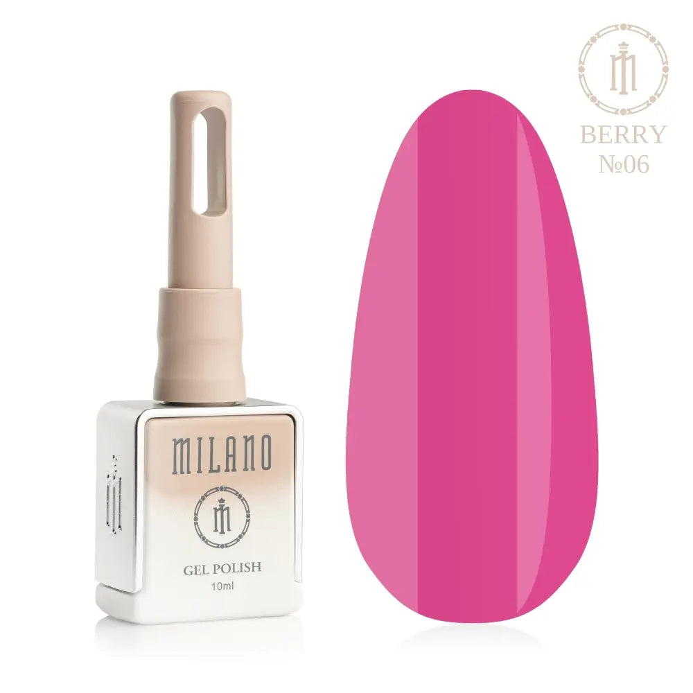 „Представянето на Milano Gel Polish Berry Premium #06: отляво е знаковата квадратна бутилка от 10 ml в мек гол градиентен дизайн с кръгло лого, а отдясно е голям овален макет на връх, показващ меко ягодово кисело мляко, меко пастелно зрънце или деликатен приглушен розов нюанс на чисто бял фон“