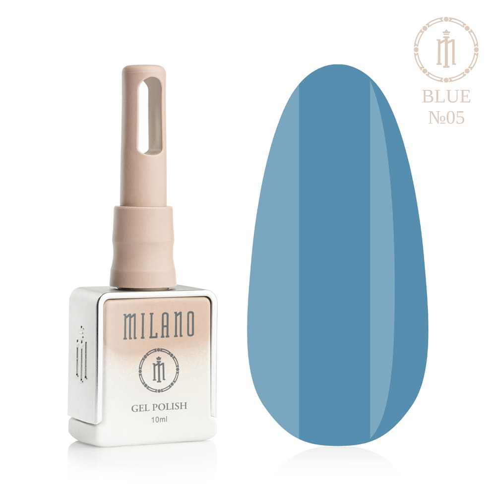 „Презентация на Milano Gel Polish Blue Premium #05: отляво е характерна квадратна бутилка от 10 ml в мек гол градиентен дизайн с кръгло лого, а отдясно е голям овален макет на върха, показващ меко пастелно синьо, чисто небесно или ефирно светло синьо, върху чисто бял фон“