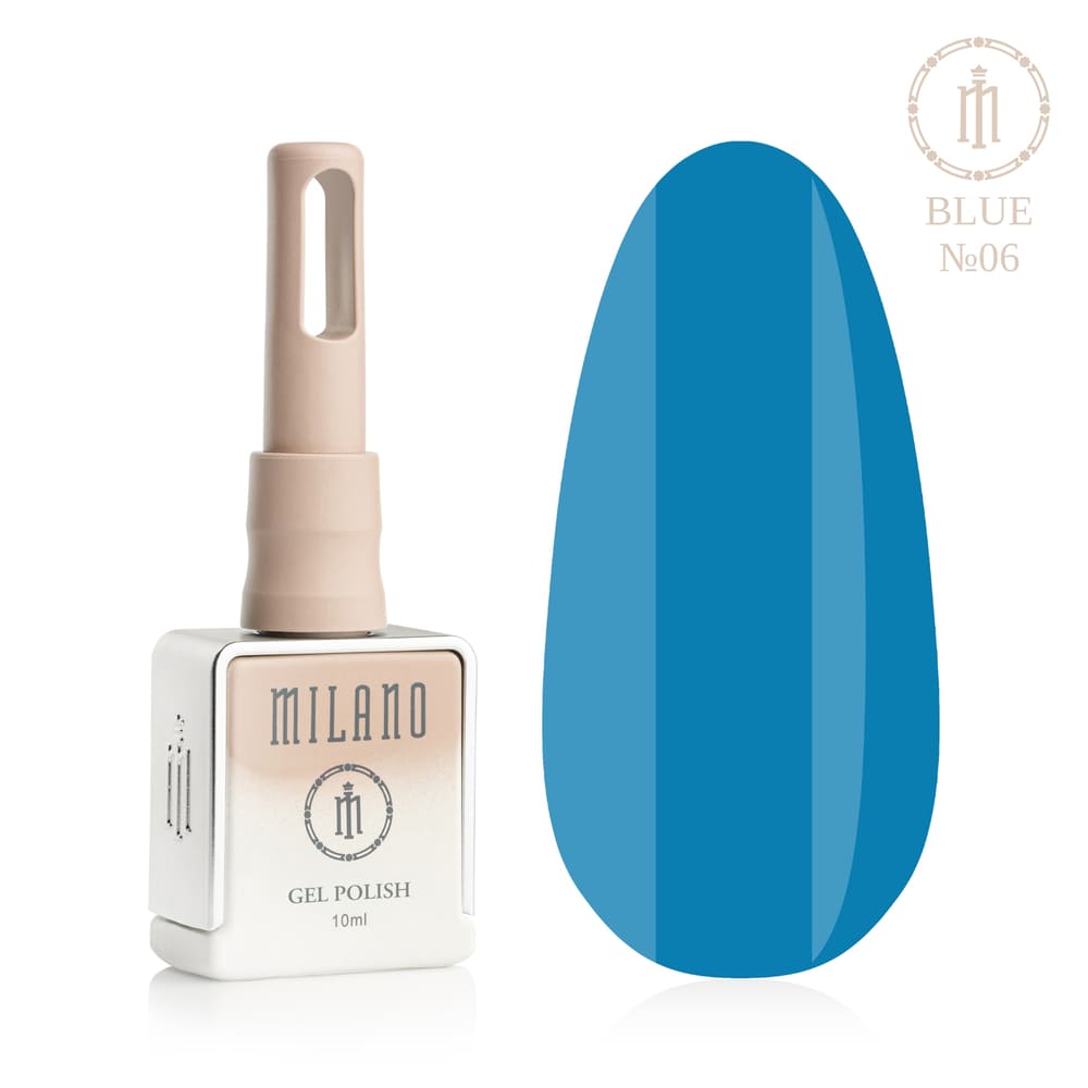 „Представяне на Milano Gel Polish Blue Premium #06: отляво е знаковата квадратна бутилка от 10 ml в мек гол градиентен дизайн с кръгло лого, а отдясно е голям овален макет на върха, показващ фин светлосин, студен леден или мек нюанс на метличина с ефирен подтон, върху чисто бял фон“