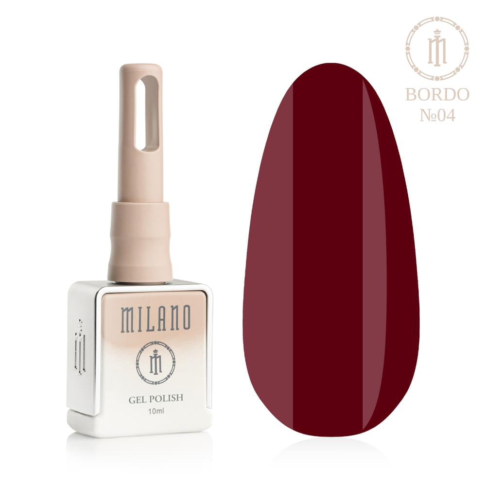 „Представяне на Milano Gel Polish Bordo Premium № 04: отляво е характерна квадратна бутилка от 10 ml в мек гол градиентен дизайн с кръгло лого, а отдясно е голям овален макет на върха, който показва благороден тъмно бордо, плътен и сдържан нюанс на отлежало вино със студен подтон, върху чисто бял фон“