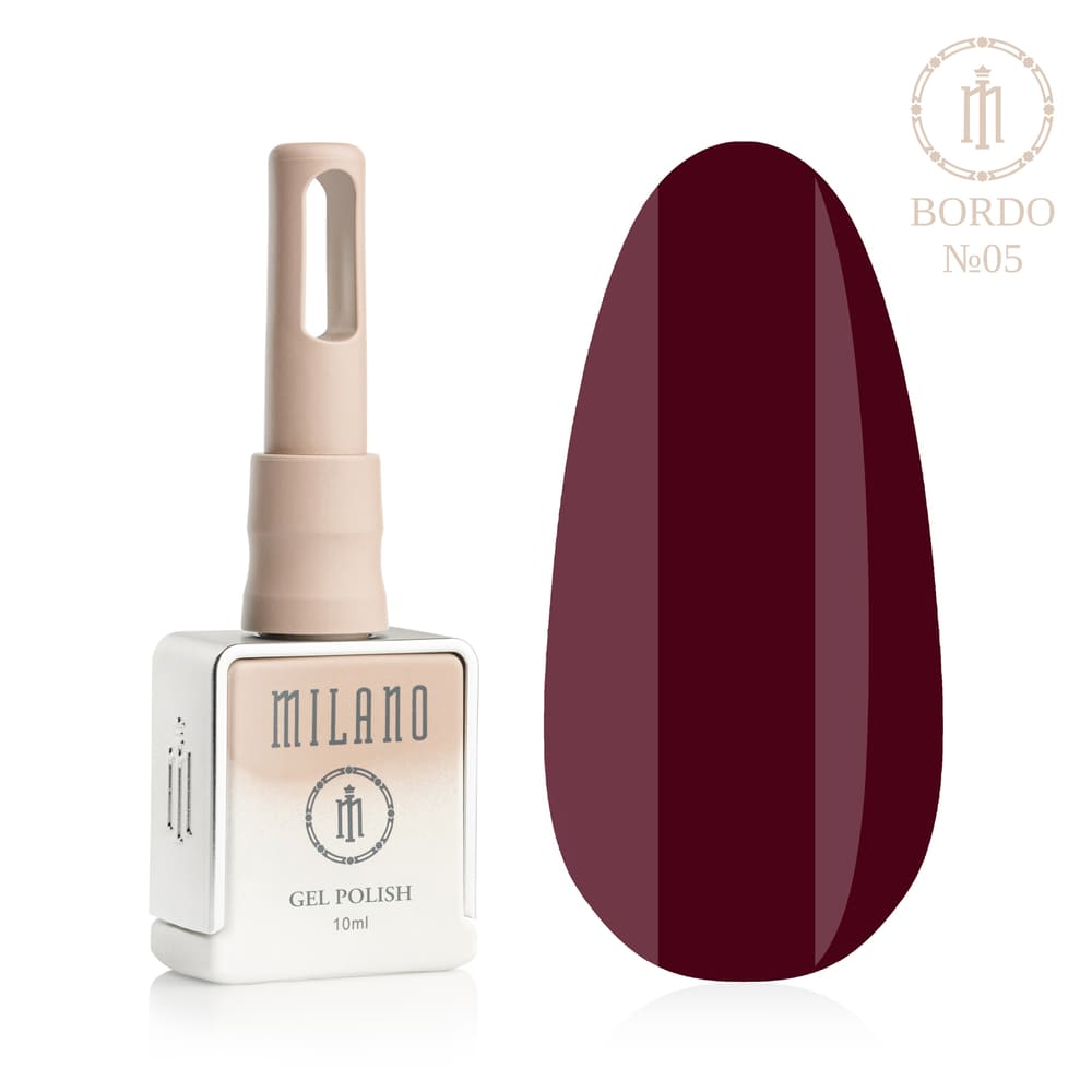 „Представяме ви Milano Gel Polish Bordo Premium #05: Отляво е подписана квадратна бутилка от 10 ml в мек гол градиентен дизайн с кръгло лого, а отдясно е голям овален макет на върха, който демонстрира луксозен бордо-черешов нюанс, плътно наситен с блестящ фин златисто-червен микроблясък и искрящ дълбок блясък, върху чисто бяло фонове"