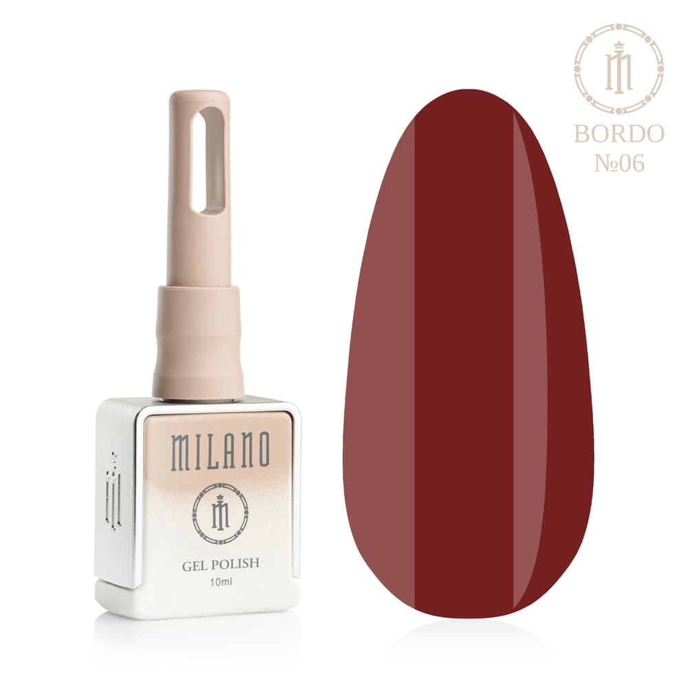 „Представяне на Milano Gel Polish Bordo Premium No.06: отляво е знаковата квадратна бутилка от 10 ml в мек гол градиентен дизайн с кръгло лого, а отдясно е голям овален макет на върха, показващ мистериозно почти черно бордо, много тъмно черешово черно или наситен магнетичен нюанс на зряла черна череша, на чисто бял фон“