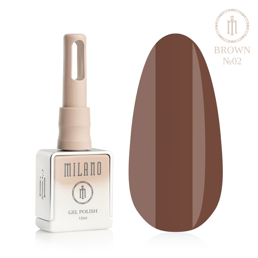 „Представяне на Milano Gel Polish Brown Premium #02: отляво е характерна квадратна бутилка от 10 ml в мек гол градиентен дизайн с кръгло лого, а отдясно е голям овален макет на върха, показващ топъл нюанс на млечен шоколад, уютно кафе кафяво или мек цвят на лешник, на чисто бял фон“