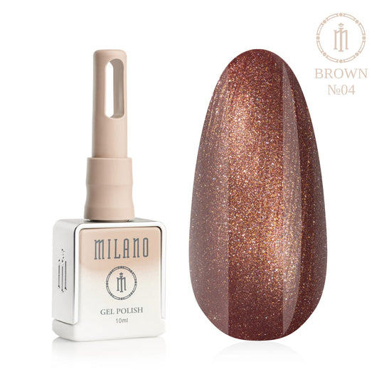 „Рецепция на Milano Gel Polish Brown Premium #04: отляво е знаковата квадратна бутилка от 10 ml в мек гол градиентен дизайн с кръгло лого, а отдясно е голям овален макет на връх, който показва луксозен бронзово-кафяв нюанс с жив микроблясък, сияещо златно кафе или магнитен блясък, на чисто бял фон“