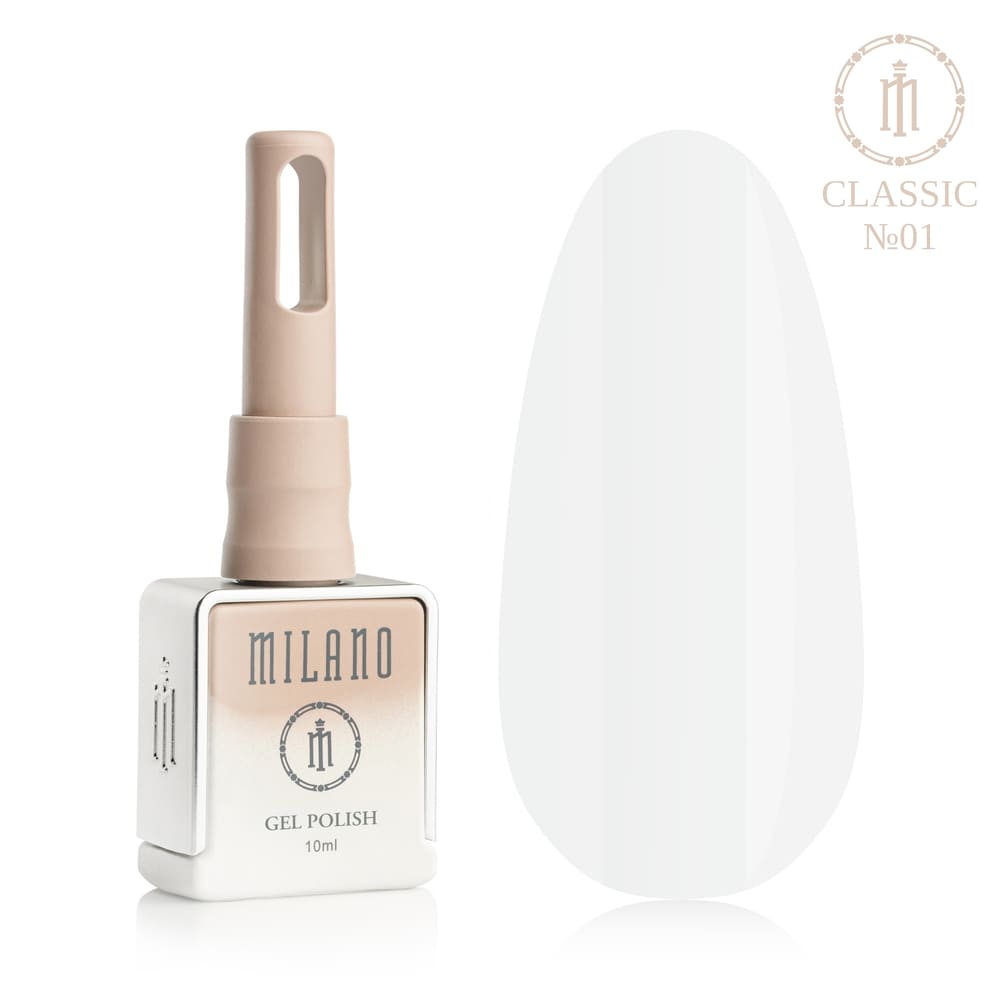 „Представяне на Milano Gel Polish Classic Premium #01: отляво е знаковата квадратна бутилка от 10 ml в мек гол градиентен дизайн с кръгло лого, а отдясно е голям овален макет на върха, показващ чисто снежнобяло, безупречно класическо бяло или емайлирано покритие, върху чисто бял фон“