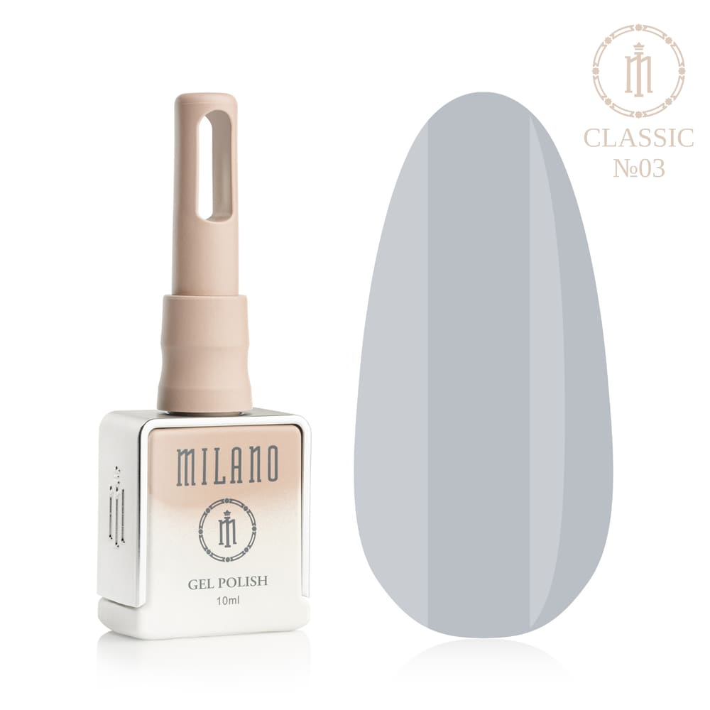 „Представяне на Milano Gel Polish Classic Premium #03: отляво е характерна квадратна бутилка от 10 ml в мек гол градиентен дизайн с кръгло лого, а отдясно е голям овален макет на върха, показващ класическо средно сиво, приглушено хладно сиво или елегантна сутрешна мъгла, върху чист бял фон“
