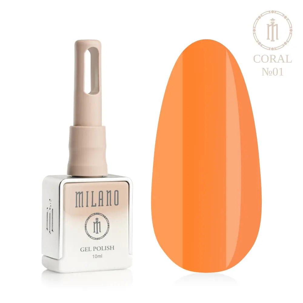 Представяне на гел лак Milano Gel Polish Coral Premium No. 01: отляво е брандираната квадратна бутилка от 10 мл в нежно лилав градиентен дизайн с кръгло лого, а отдясно е голям овален макет на върха, който демонстрира много лек, ефирен пастелно коралово розов или деликатен нюанс на сьомга, на чисто бял фон.