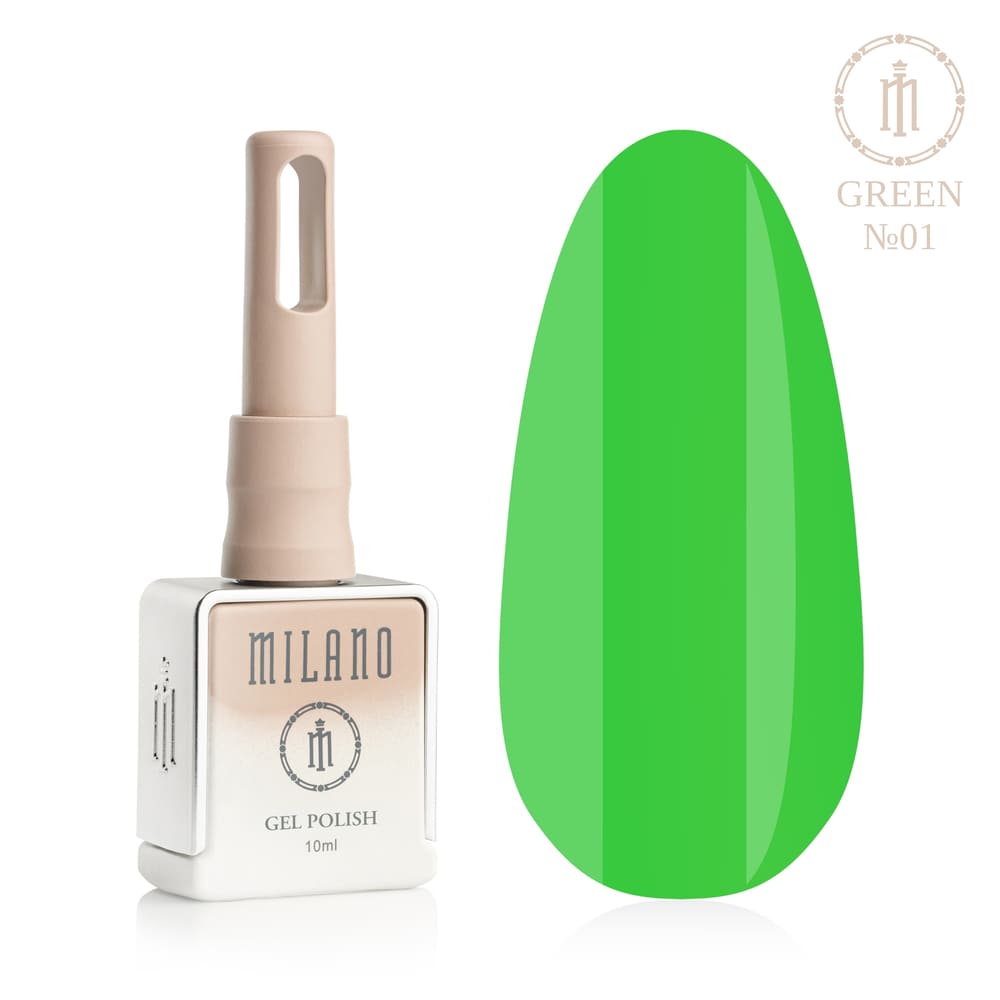 „Представяне на Milano Gel Polish Green Premium #01: отляво е подписаната квадратна бутилка от 10 ml в мек гол градиентен дизайн с кръгло лого, а отдясно е голям овален макет на върха, показващ свеж пастелен ментов, мек светлозелен или фин тюркоазен ментов нюанс на покритието, върху чисто бял фон“
