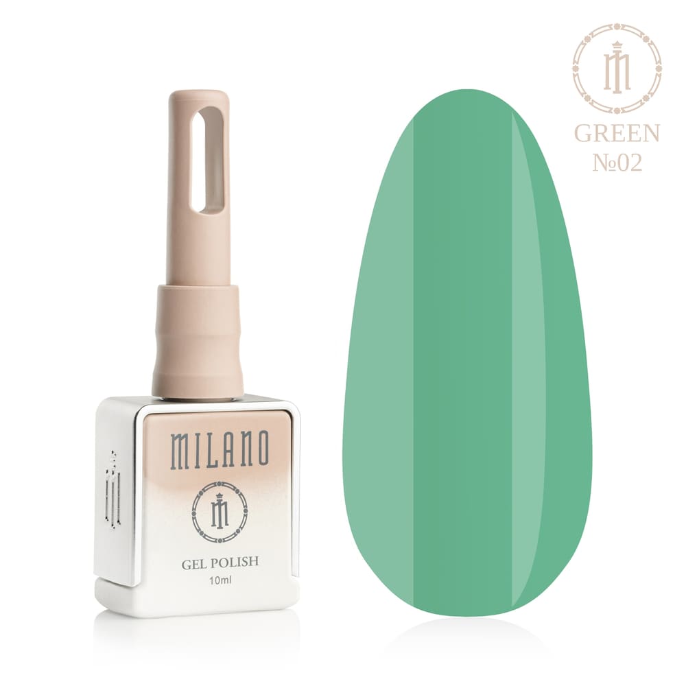 „Представяне на Milano Gel Polish Green Premium #02: отляво е знаковата квадратна бутилка от 10 ml в мек гол градиентен дизайн с кръгло лого, а отдясно е голям овален макет на върха, показващ наситено тревисто, пищно лятно или чисто класическо зелено покритие, върху чист бял фон“