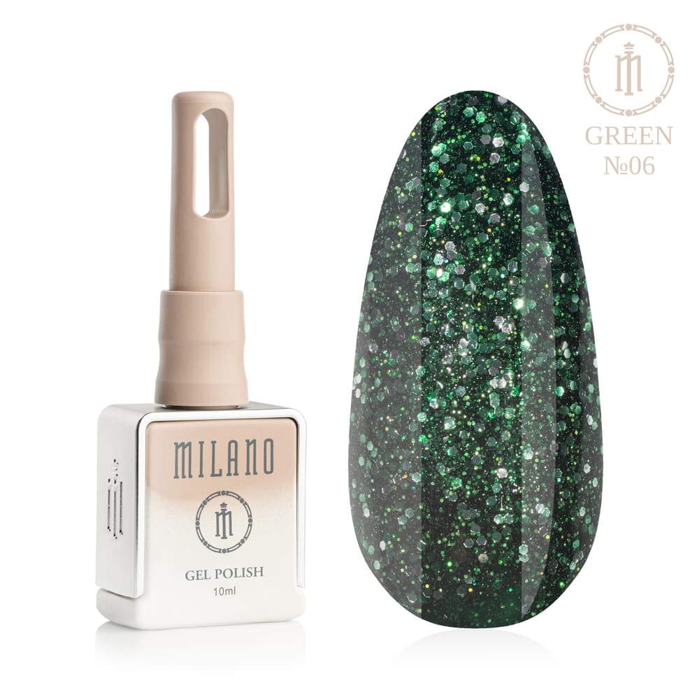 „Представяне на Milano Gel Polish Green Premium #06: отляво е характерна квадратна бутилка от 10 ml в мек гол градиентен дизайн с кръгло лого, а отдясно е голям овален макет на върха, показващ ярко лайм зелено, весел цвят на шам фъстък или сочен зрял лайм с топъл оттенък, на чисто бял фон“