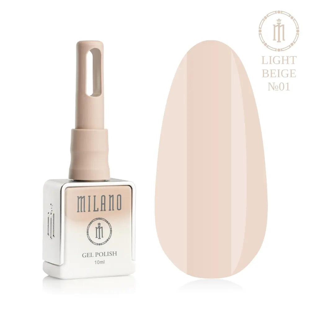 Представяне на гел лак Milano Gel Polish Light Beige Premium No. 01: отляво е брандираната квадратна бутилка с обем 10 мл в деликатен лилав градиентен дизайн с кръгло лого, а отдясно е голям овален макет на върха, който демонстрира много лек, ефирен млечно-кремообразен нюанс с лек пастелен подтон, върху чисто бял фон.