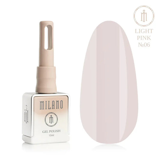 Представяне на гел лак Milano Gel Polish Light Pink Premium No. 06: отляво е брандираната квадратна бутилка с обем 10 мл в нежен нюд градиентен дизайн с кръгло лого, а отдясно е голям овален макет на върха, който демонстрира изискан бледорозов или порцеланов нюанс с лек хладен млечно-лилав подтон, на чисто бял фон.
