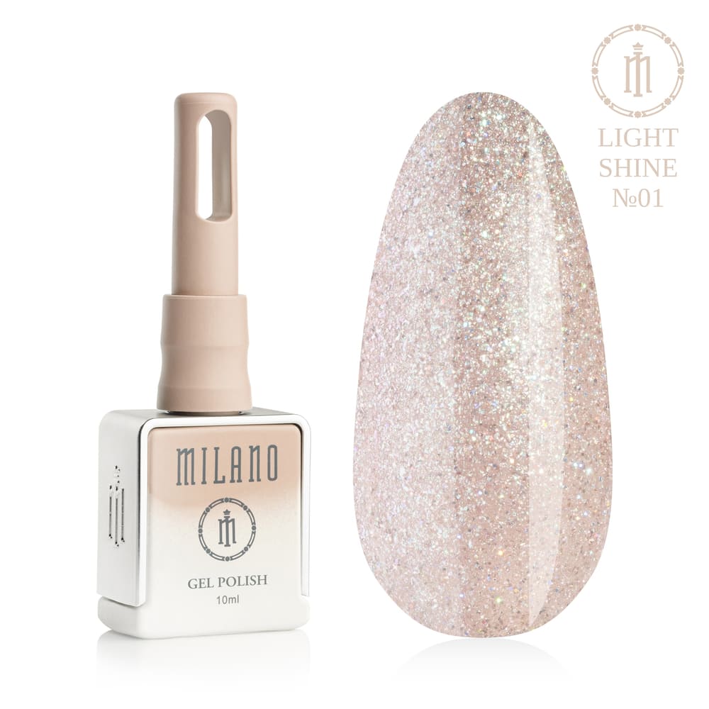 „Представяне на Milano Gel Polish Light Shine Premium #01: отляво е знаковата квадратна бутилка от 10 ml в мек гол градиентен дизайн с кръгло лого, а отдясно е голям овален макет на върха, показващ мек бежово-розов или пастелно прасковен нюанс, плътно наситен с фино сребро и холографски микроблясък, на чисто бял фон“