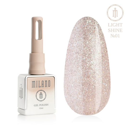 „Представяне на Milano Gel Polish Light Shine Premium #01: отляво е знаковата квадратна бутилка от 10 ml в мек гол градиентен дизайн с кръгло лого, а отдясно е голям овален макет на върха, показващ мек бежово-розов или пастелно прасковен нюанс, плътно наситен с фино сребро и холографски микроблясък, на чисто бял фон“