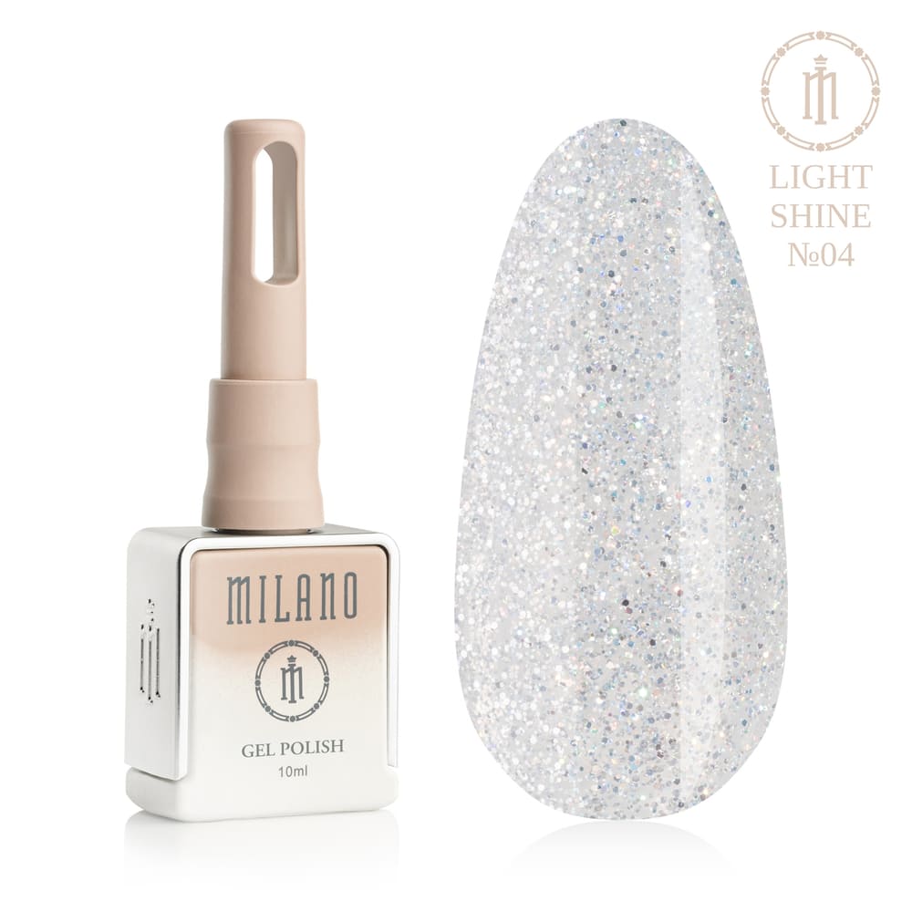 „Представяме ви Milano Gel Polish Light Shine Premium #04: Отляво е подписаната квадратна бутилка от 10 ml в мек гол градиентен дизайн с кръгло лого, а отдясно е голям овален макет на върха, който демонстрира студен ледено син или перлено бял нюанс с деликатен холографски блясък, който блести на светлината, върху чисто бял фон.“