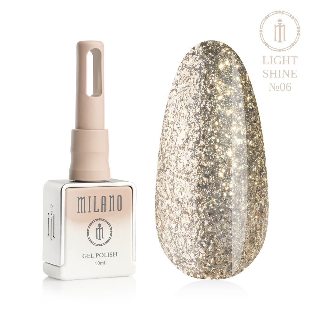 „Представяне на Milano Gel Polish Light Shine Premium No.06: отляво е характерна квадратна бутилка от 10 ml в мек гол градиентен дизайн с кръгло лого, а отдясно е голям овален макет на върха, показващ луксозно течно злато, фин цвят на шампанско или плътно златисто-платинено фолио с благороден метален блясък, на чисто бял фон“