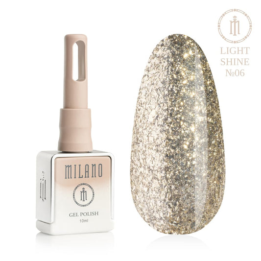 „Представяне на Milano Gel Polish Light Shine Premium No.06: отляво е характерна квадратна бутилка от 10 ml в мек гол градиентен дизайн с кръгло лого, а отдясно е голям овален макет на върха, показващ луксозно течно злато, фин цвят на шампанско или плътно златисто-платинено фолио с благороден метален блясък, на чисто бял фон“