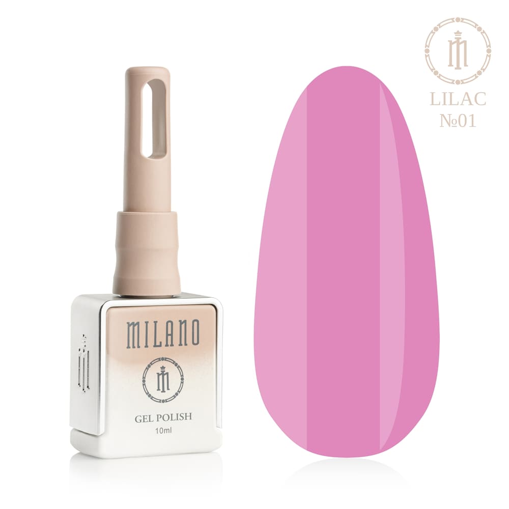 „Представяне на Milano Gel Polish Lilac Premium #01: отляво е подписаната квадратна бутилка от 10 ml в мек гол градиентен дизайн с кръгло лого, а отдясно е голям овален макет на върха, който показва ефирен пастелен лавандулов, деликатен светлолилав или фин бледовиолетов нюанс на покритието, върху чисто бял фон“