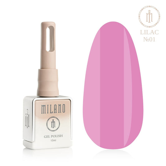„Представяне на Milano Gel Polish Lilac Premium #01: отляво е подписаната квадратна бутилка от 10 ml в мек гол градиентен дизайн с кръгло лого, а отдясно е голям овален макет на върха, който показва ефирен пастелен лавандулов, деликатен светлолилав или фин бледовиолетов нюанс на покритието, върху чисто бял фон“