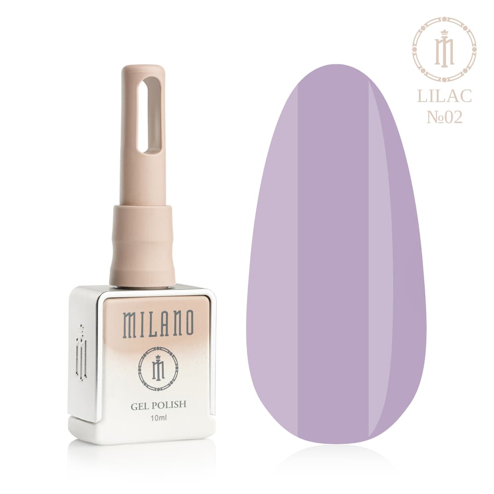 „Представяне на Milano Gel Polish Lilac Premium #02: отляво е подписаната квадратна бутилка от 10 ml в мек гол градиентен дизайн с кръгло лого, а отдясно е голям овален макет на върха, който показва романтичен виолетов, мек пастелно лавандулов или класически мек люляков цвят на покритието, върху чисто бял фон“