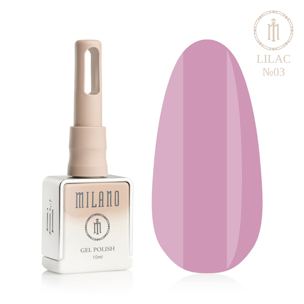 „Представяне на Milano Gel Polish Lilac Premium #03: отляво е подписана квадратна бутилка от 10 ml в мек гол градиентен дизайн с кръгло лого, а отдясно е голям овален макет на върха, който показва изящния цвят на цъфтяща глициния, свеж лавандулов люляк или чисто средно люляков нюанс, върху чисто бял фон“
