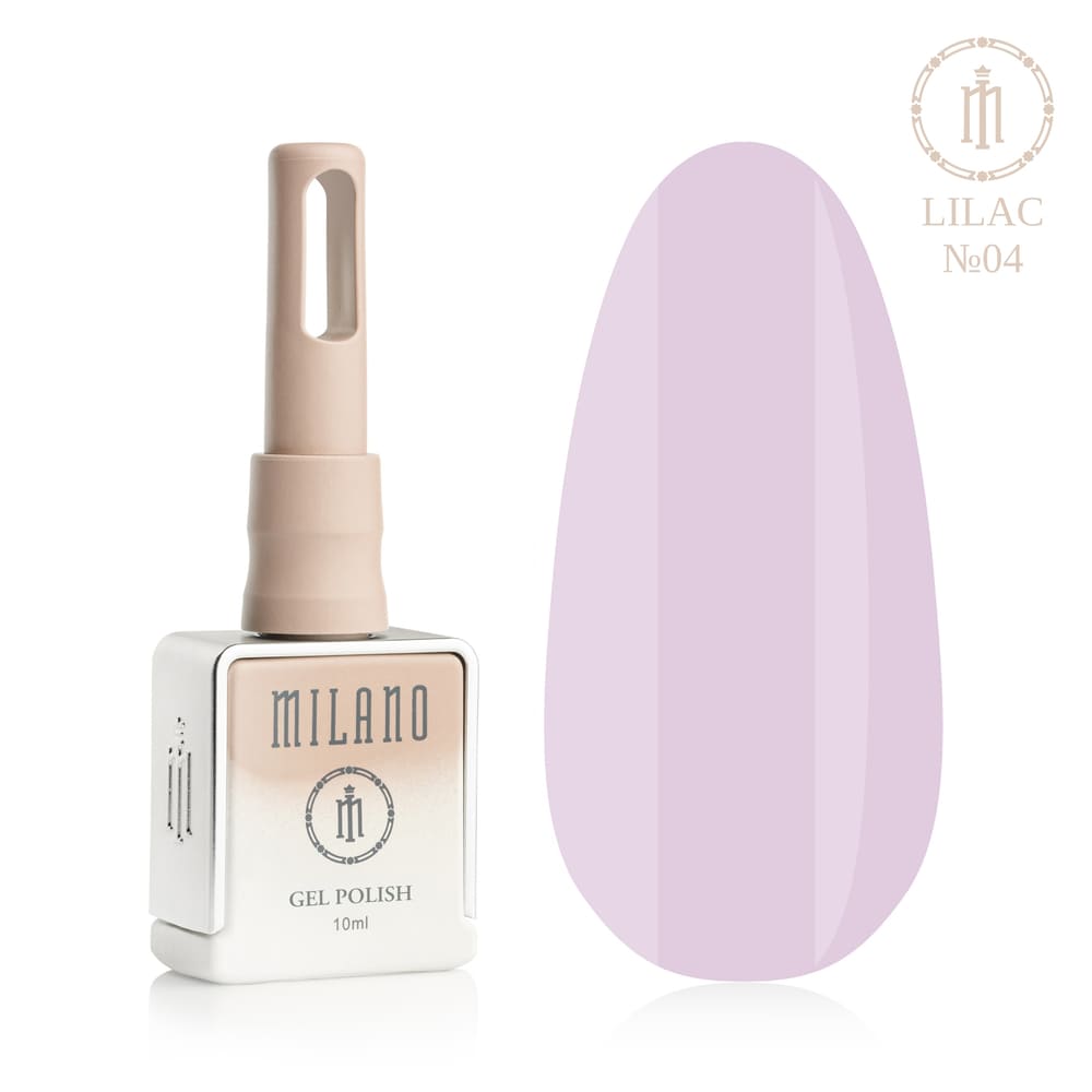 „Представяне на Milano Gel Polish Lilac Premium #04: отляво е подписана квадратна бутилка от 10 ml в мек гол градиентен дизайн с кръгло лого, а отдясно е голям овален макет на върха, който показва ярко лилаво, сочно виолетово или ефектен нюанс на орхидея-лавандула на покритието, на чисто бял фон“