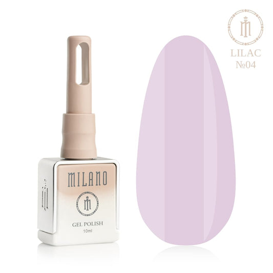 „Представяне на Milano Gel Polish Lilac Premium #04: отляво е подписана квадратна бутилка от 10 ml в мек гол градиентен дизайн с кръгло лого, а отдясно е голям овален макет на върха, който показва ярко лилаво, сочно виолетово или ефектен нюанс на орхидея-лавандула на покритието, на чисто бял фон“