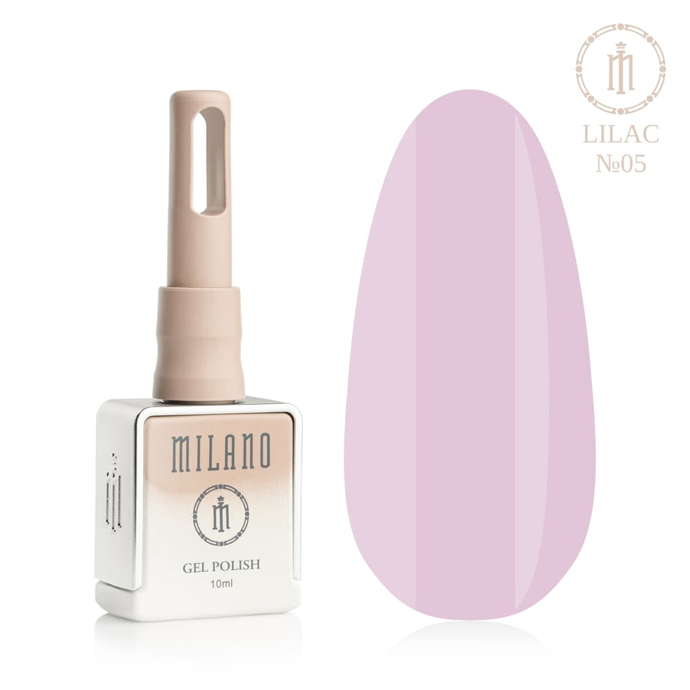 „Представяне на Milano Gel Polish Lilac Premium #05: отляво е знаковата квадратна бутилка от 10 ml в мек гол градиентен дизайн с кръгло лого, а отдясно е голям овален макет на върха, показващ богат аметист, благороден наситен лавандулов или изразителен лилаво-люляков нюанс, върху чисто бял фон“
