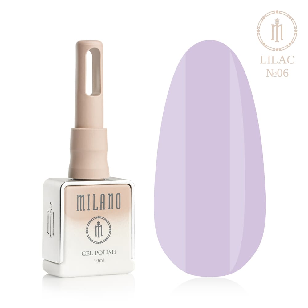 „Представяне на Milano Gel Polish Lilac Premium #06: отляво е подписана квадратна бутилка от 10 ml в мек гол градиентен дизайн с кръгло лого, а отдясно е голям овален макет на върха, показващ наситен магически лилаво-лилав, изискан тъмновиолетов или плътен вечерен нюанс с благороден хладен подтон, върху чисто бял фон“