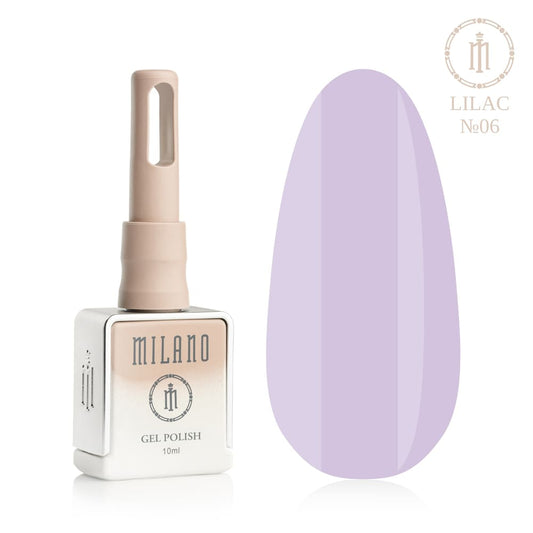 „Представяне на Milano Gel Polish Lilac Premium #06: отляво е подписана квадратна бутилка от 10 ml в мек гол градиентен дизайн с кръгло лого, а отдясно е голям овален макет на върха, показващ наситен магически лилаво-лилав, изискан тъмновиолетов или плътен вечерен нюанс с благороден хладен подтон, върху чисто бял фон“