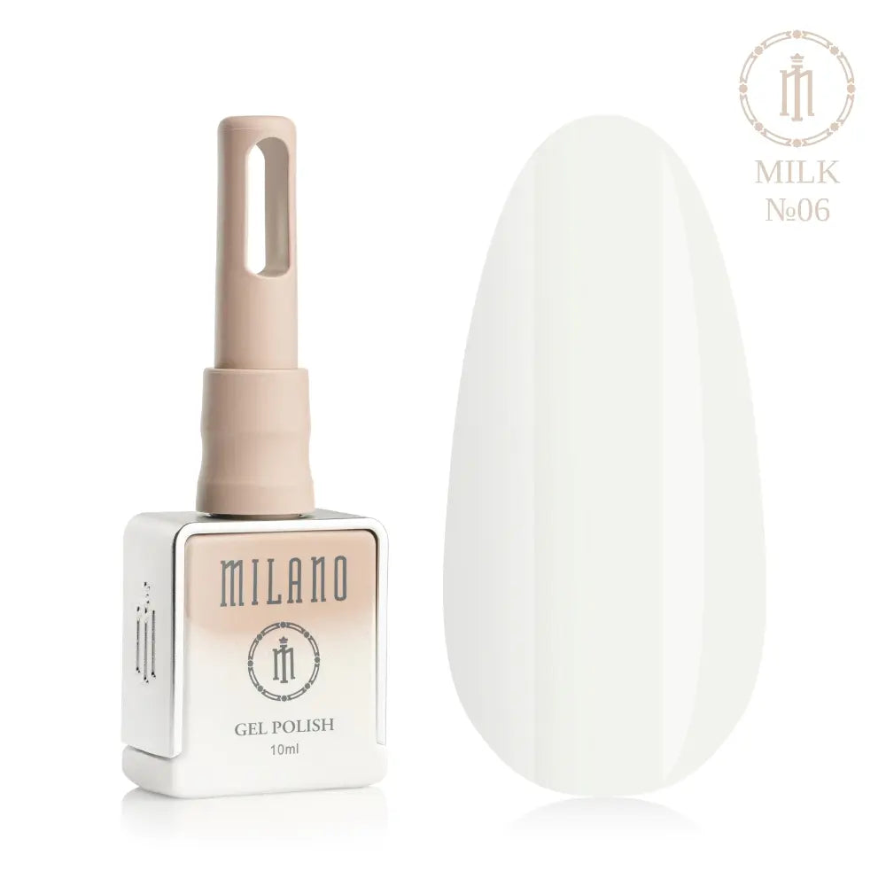 Представяне на гел лак Milano Gel Polish Milk Premium No. 06: отляво е брандираният квадратен флакон от 10 мл в нежно лилав градиентен дизайн с кръгло лого, а отдясно е голям овален макет на върха, който демонстрира богат полупрозрачен млечнобял нюанс със студен пастелен подтон, на чисто бял фон.