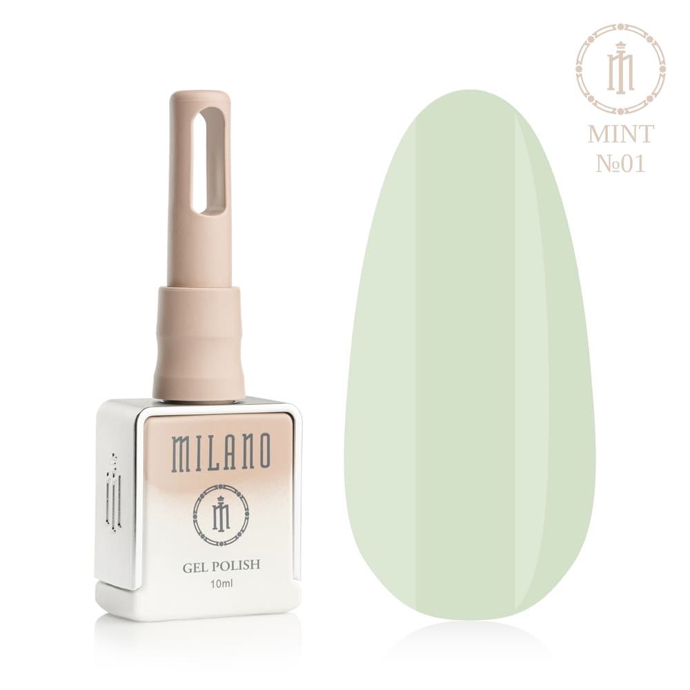 „Представяне на Milano Gel Polish Mint Premium #01: отляво е знаковата квадратна бутилка от 10 ml в мек гол градиентен дизайн с кръгло лого, а отдясно е голям овален макет на върха, показващ ефирна пастелна мента, най-мекият ментолов или ефирен лек аквамаринов нюанс на покритието, на чисто бял фон“