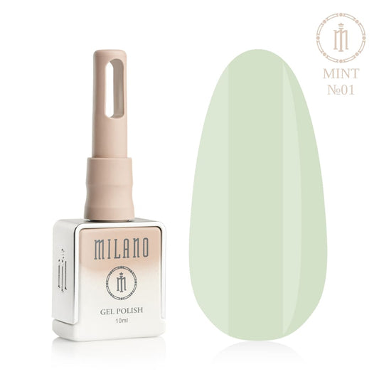 „Представяне на Milano Gel Polish Mint Premium #01: отляво е знаковата квадратна бутилка от 10 ml в мек гол градиентен дизайн с кръгло лого, а отдясно е голям овален макет на върха, показващ ефирна пастелна мента, най-мекият ментолов или ефирен лек аквамаринов нюанс на покритието, на чисто бял фон“