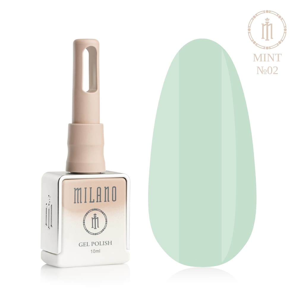 „Представяне на Milano Gel Polish Mint Premium #02: отляво е знаковата квадратна бутилка от 10 ml в мек гол градиентен дизайн с кръгло лого, а отдясно е голям овален макет на върха, показващ класически свеж ментов, фин ментолов или лек тюркоазен ментов завършек, върху чист бял фон“