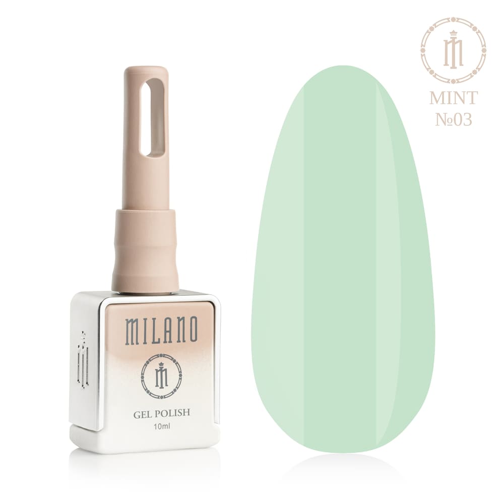 „Представяне на Milano Gel Polish Mint Premium #03: отляво е подписаната квадратна бутилка от 10 ml в мек гол градиентен дизайн с кръгло лого, а отдясно е голям овален макет на върха, показващ чист аквамарин, ярка освежаваща мента или мека морска вълна, на чисто бял фон“