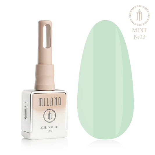 „Представяне на Milano Gel Polish Mint Premium #03: отляво е подписаната квадратна бутилка от 10 ml в мек гол градиентен дизайн с кръгло лого, а отдясно е голям овален макет на върха, показващ чист аквамарин, ярка освежаваща мента или мека морска вълна, на чисто бял фон“