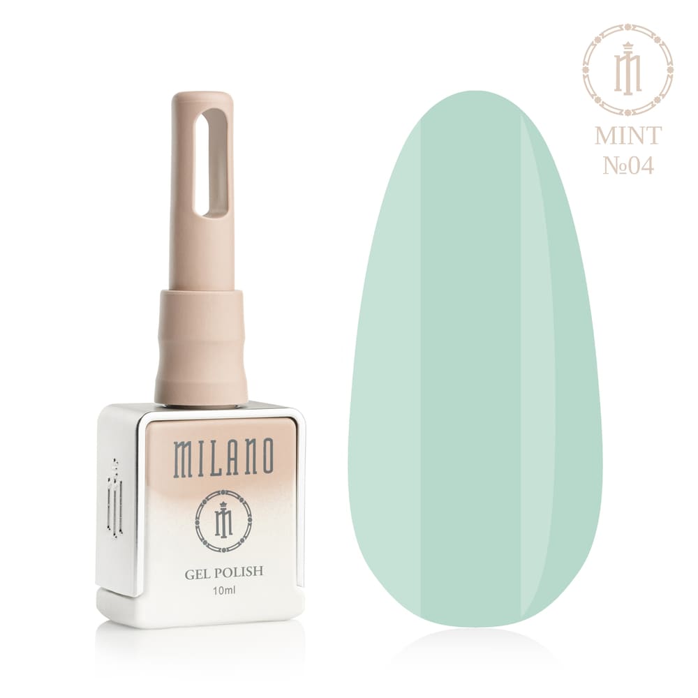 „Представяне на Milano Gel Polish Mint Premium #04: отляво е знаковата квадратна бутилка от 10 ml в мек гол градиентен дизайн с кръгло лого, а отдясно е голям овален макет на върха, показващ деликатно пастелно тюркоазено, стилно ментово синьо или мек светъл ментолов цвят, на чисто бял фон“