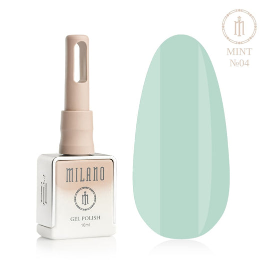 „Представяне на Milano Gel Polish Mint Premium #04: отляво е знаковата квадратна бутилка от 10 ml в мек гол градиентен дизайн с кръгло лого, а отдясно е голям овален макет на върха, показващ деликатно пастелно тюркоазено, стилно ментово синьо или мек светъл ментолов цвят, на чисто бял фон“