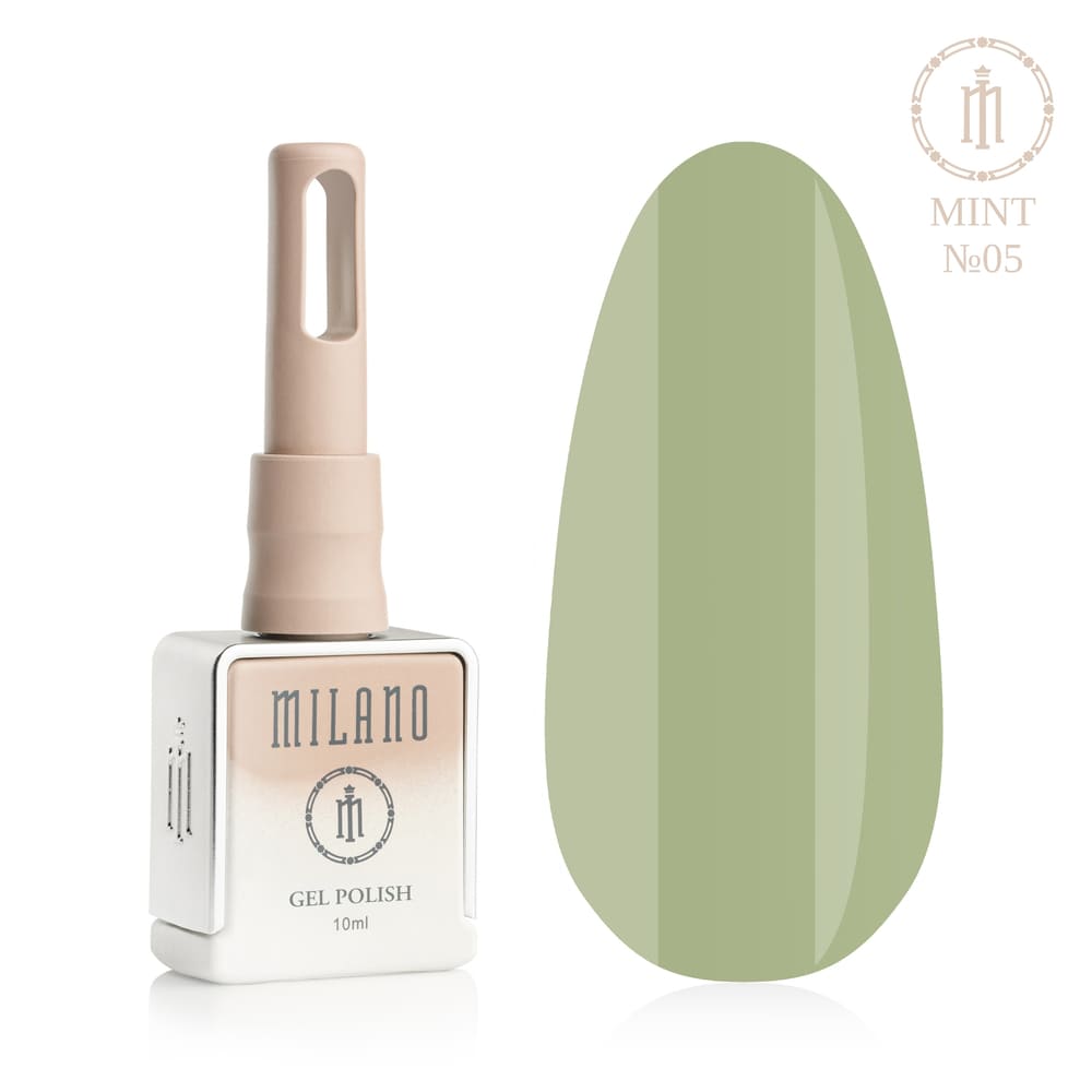„Представяне на Milano Gel Polish Mint Premium #05: отляво е подписаната квадратна бутилка от 10 ml в мек гол градиентен дизайн с кръгло лого, а отдясно е голям овален макет на върха, показващ сочно ментово зелено, благородна мента с шам-фъстък или наситен летен ментолов нюанс, на чисто бял фон“
