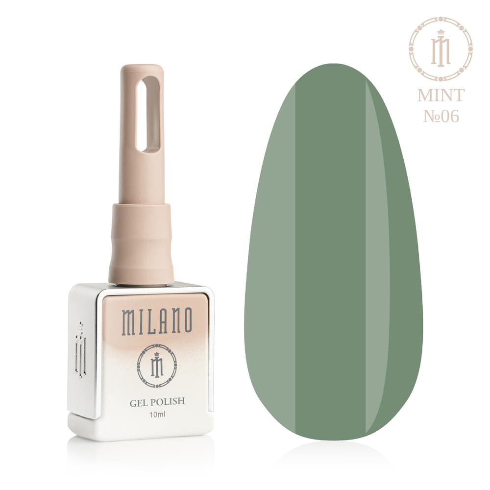„Представяне на Milano Gel Polish Mint Premium #06: отляво е знаковата квадратна бутилка от 10 ml в мек гол градиентен дизайн с кръгло лого, а отдясно е голям овален макет на върха, показващ наситен хладен ментов цвят, наситен цвят на морска вълна или плътен аквамарин оттенък на покритието, върху чист бял фон“