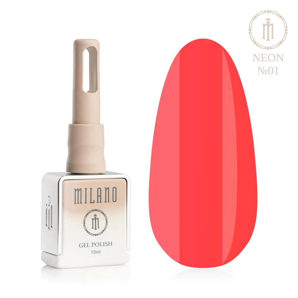 Представяне на гел лак Milano Gel Polish Neon Premium No. 01: отляво е брандираната квадратна бутилка с обем 10 мл в нежен нюд градиентен дизайн с кръгло лого, а отдясно е голям овален макет на върха, който демонстрира ярък неонов коралово-червен или наситен динен нюанс на покритието, върху чисто бял фон.
