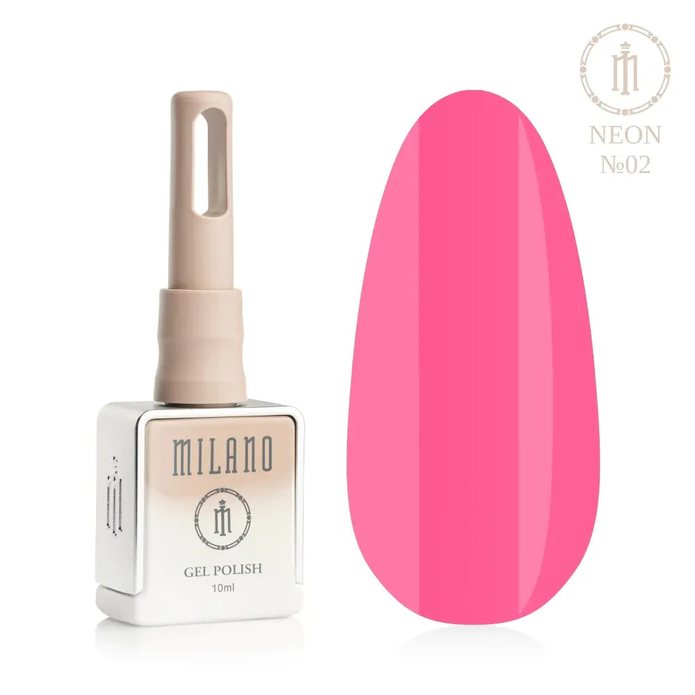 Представяне на гел лак Milano Gel Polish Neon Premium No. 02: отляво е брандираният квадратен флакон от 10 мл в нежен нюд градиентен дизайн с кръгло лого, а отдясно е голям овален макет на върха, който демонстрира експлозивен неоново розов нюанс или сочна електрическа фуксия, на чисто бял фон.